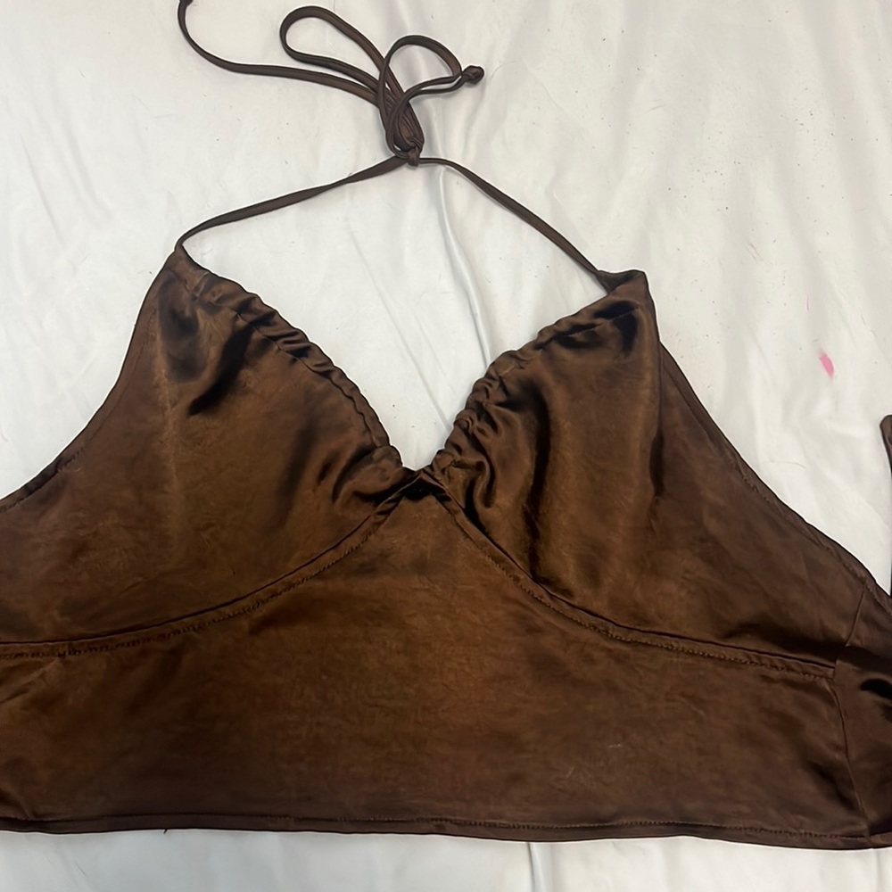 Motel Rocks silk brown halter and tie back top